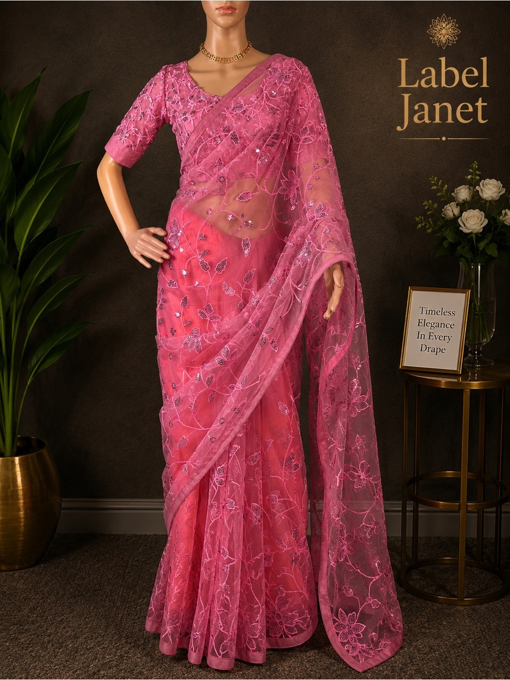 Pink Embroidered Sheer Saree with stitching blouse (36” - 42”)